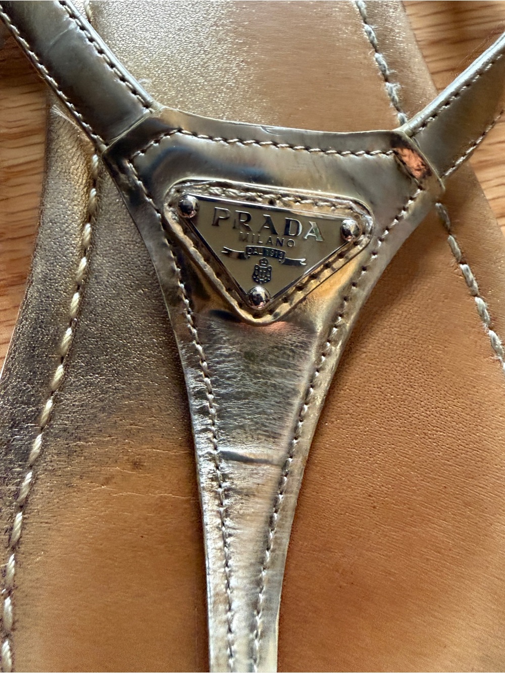 Prada Metallic Gold Women's T-Strap Sandals - Picture 3 of 3